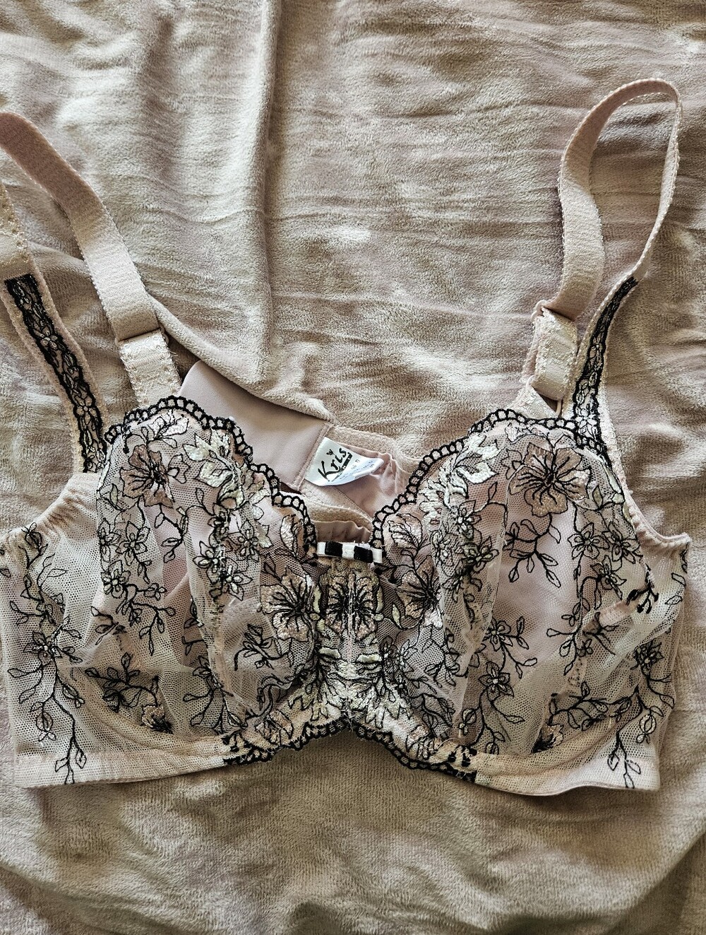 Polish Lingerie Sheer Blush Underwire Bra, Black Floral Embroidery, 40C-D